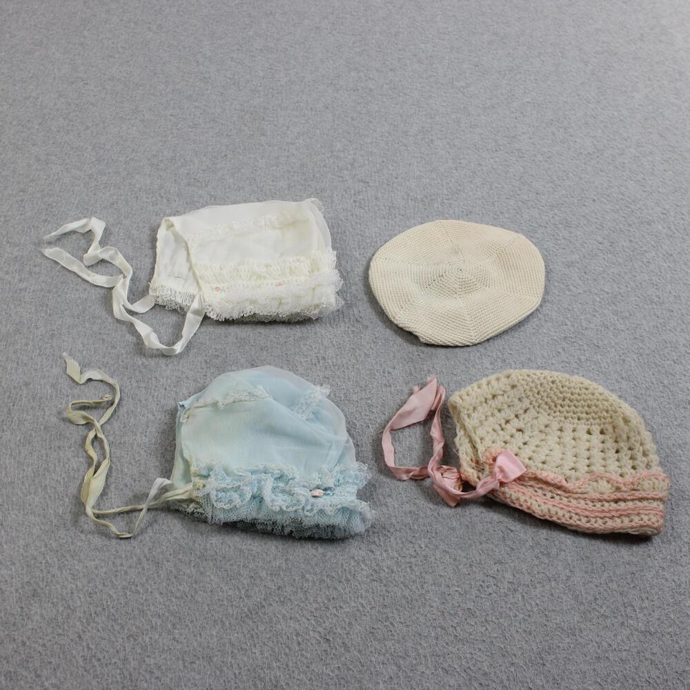 Vintage Handmade Hats Baby Girls One Size Bonnets Blue White Retro Lace X 4 60s